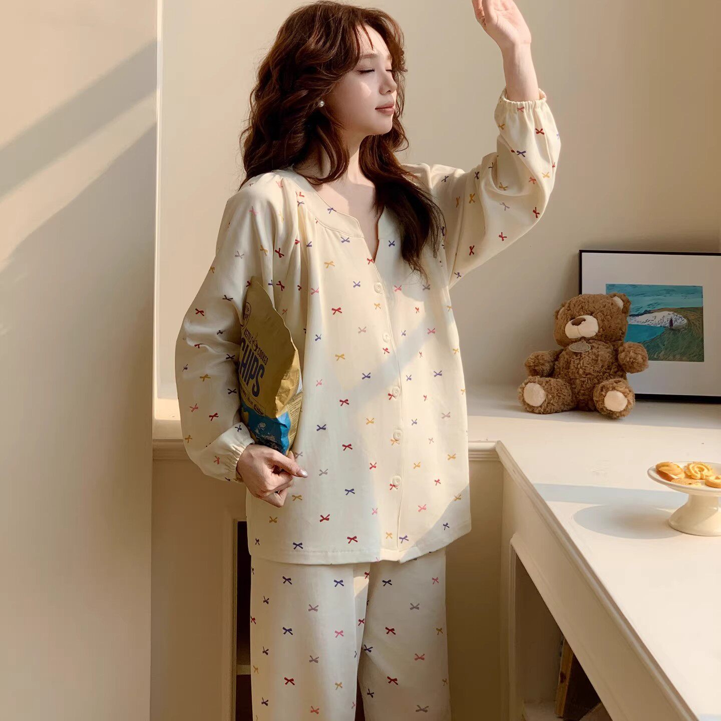 纯棉月子服自带胸垫可拆卸孕妇睡衣春秋产后喂奶待产妇外出夏薄款