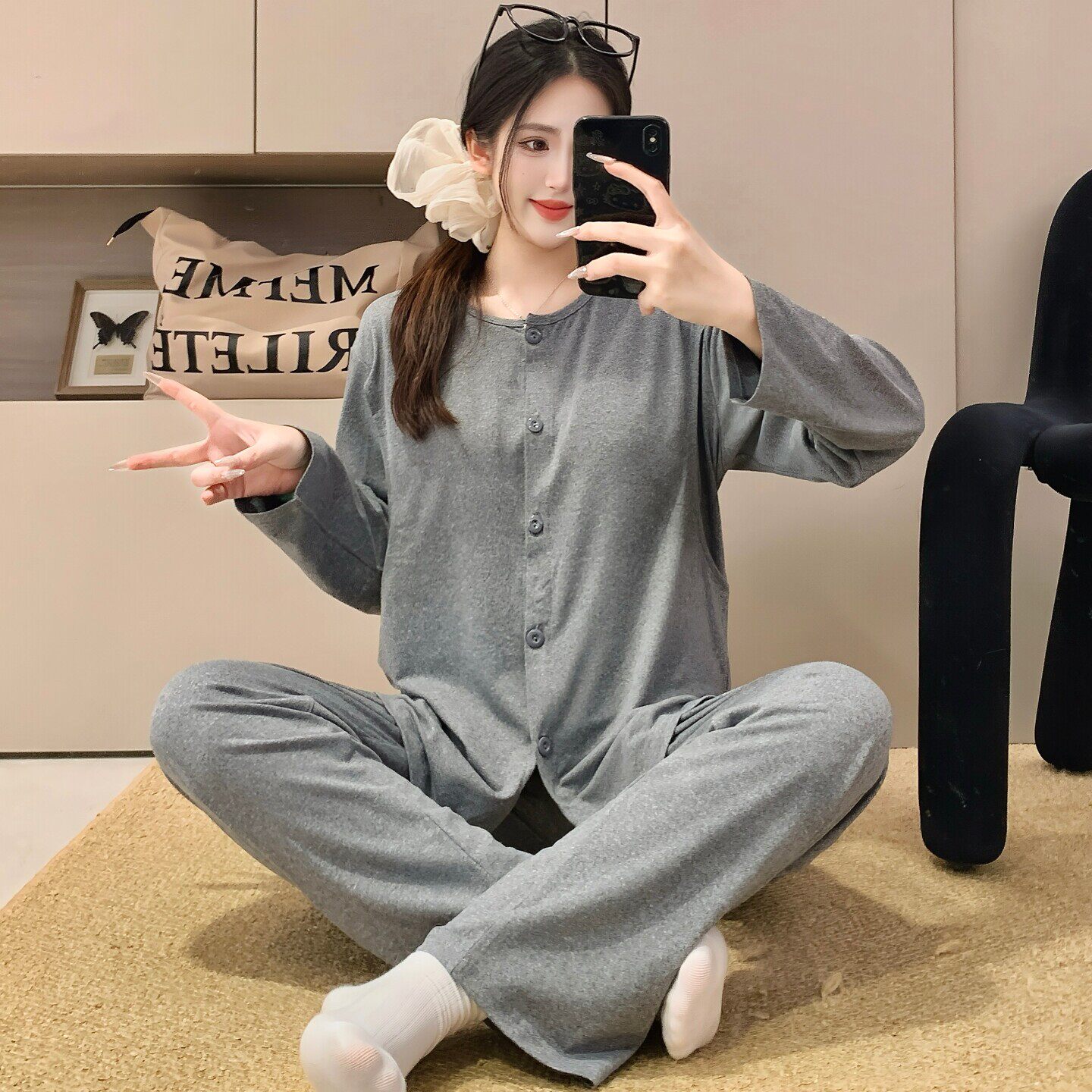 带胸垫纯色圆领不勒肚孕妇睡衣春秋季棉产妇出院哺乳月子服夏薄款