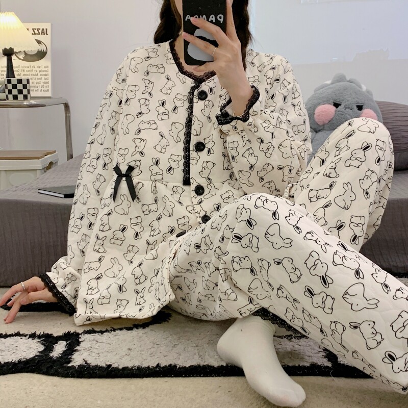 家居服宽松款大码哺乳圆领孕妇睡衣空气棉带胸垫月子服秋冬季产后