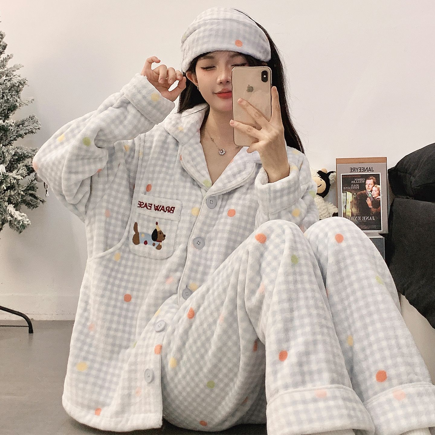 秋冬季加绒加厚产后住院睡衣珊瑚绒带月子帽月子服法兰绒哺乳孕妇