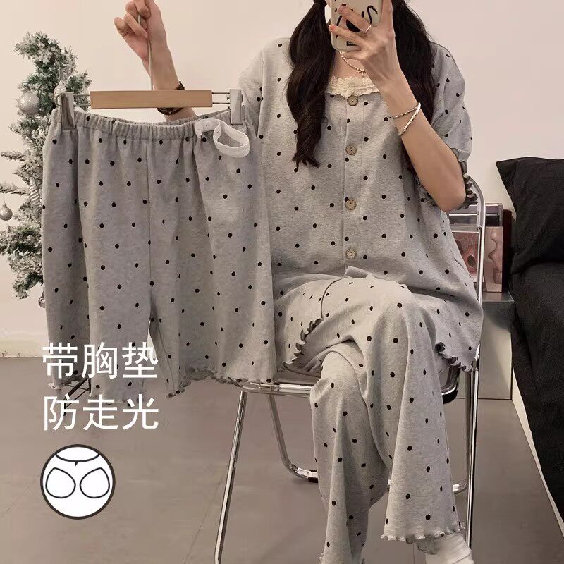 孕妇睡衣短袖短裤夏天薄款不勒肚月子服带胸垫长裤三件套产后喂奶