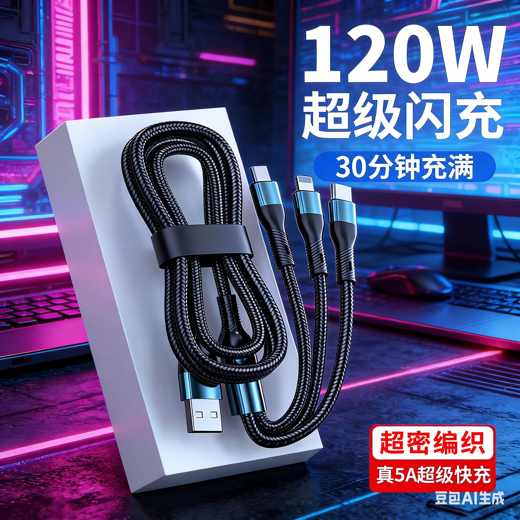 120W超级快充一拖三数据线图片