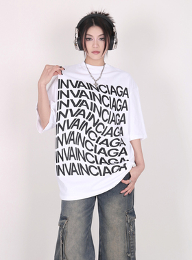 INGA美式复古街头扭曲字母短袖T恤男女小众设计潮牌情侣重磅上衣