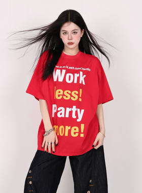 INGA美式复古撞色字母圆领短袖T恤女夏季新款宽松半袖红色上衣潮