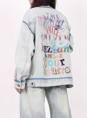 INGA美式复古水洗重磅涂鸦牛仔外套女设计感秋季潮牌夹克上衣情侣