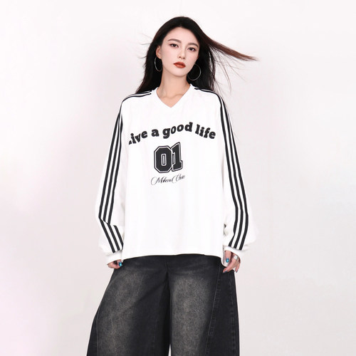 INGA美式字母卫衣女三条杠球衣秋季V领复古oversize上衣潮牌情侣