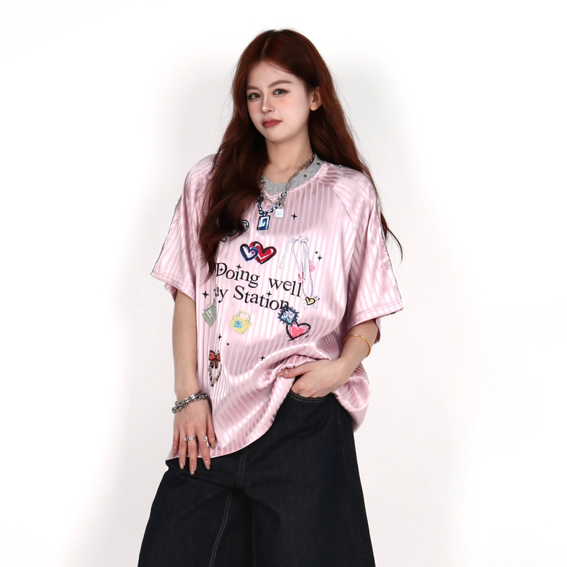 INGA夏季新款涂鸦粉色短袖T恤女潮牌条纹上衣bloketteV领运动球衣