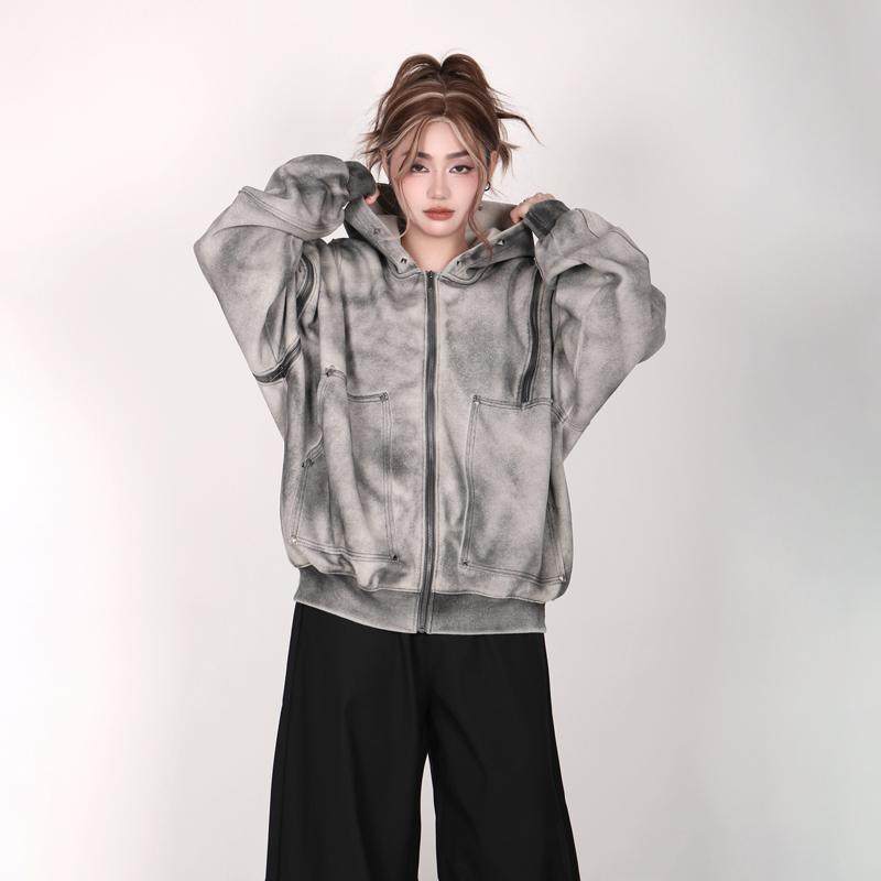 75折NEW美式复古做旧废土风连帽卫衣外套女春秋设计感开衫情侣潮,女装/女士精品,卫衣/绒衫,淘宝优惠券,粉丝福利购,淘宝优惠卷