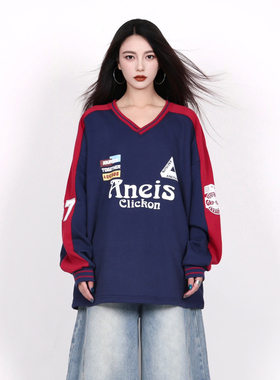 INGA美式字母撞色卫衣女球衣秋季V领复古oversize上衣潮牌情侣ins