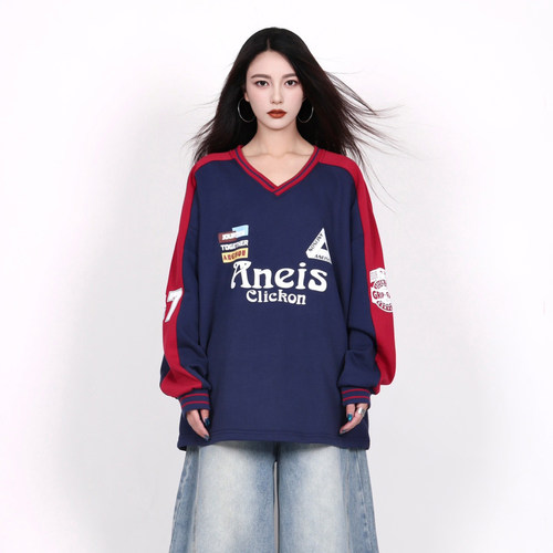 INGA美式字母撞色卫衣女球衣秋季V领复古oversize上衣潮牌情侣ins