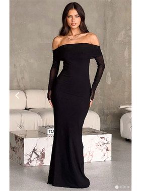 欧美澳ins小众99美金复古优雅一字大翻领露肩长袖网纱长连衣裙黑