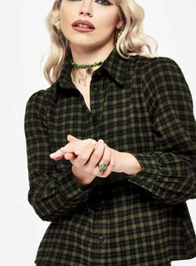 英国小众哥特亚文化ins暗黑辣妹复古学院风黑绿格纹磨毛长袖衬衫