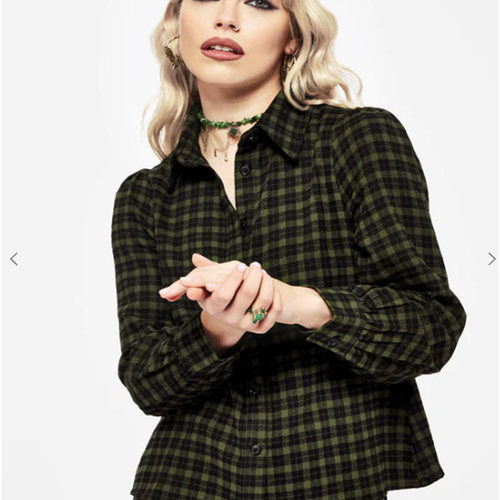 英国小众哥特亚文化ins暗黑辣妹复古学院风黑绿格纹磨毛长袖衬衫