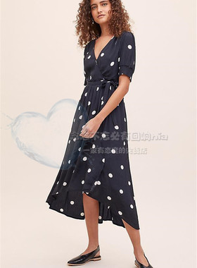 清仓美国148英镑复古赫本波点法式复古茶歇围裹身V领连衣裙
