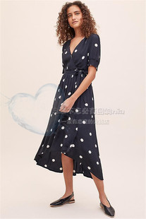 清仓美国148英镑复古赫本波点法式 复古茶歇围裹身V领连衣裙