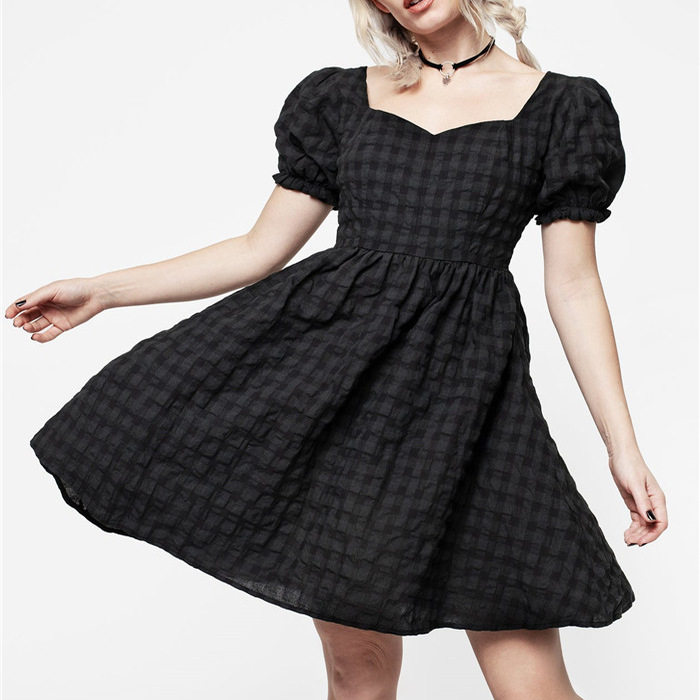 英国小众哥特亚文化ins暗黑辣妹复古桃心领墨绿格纹学院风连衣裙