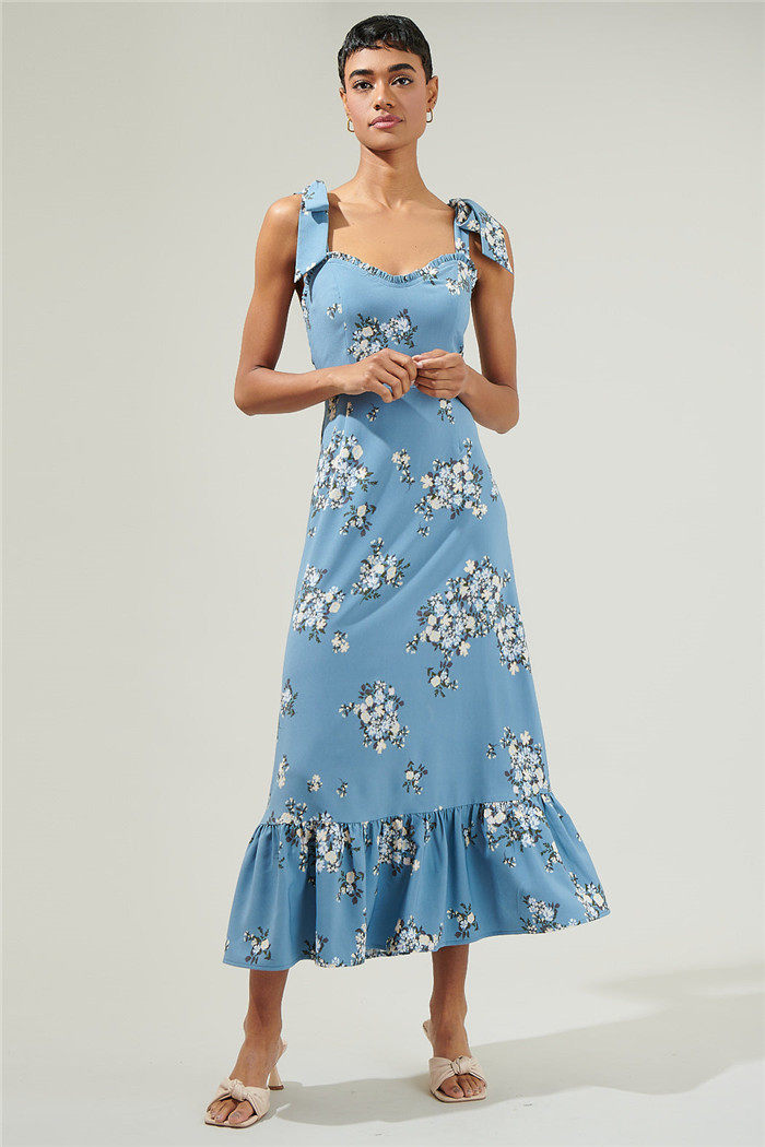 美国小众ins度假ref风印花系带蝴蝶结肩带拼接荷叶下摆连衣裙