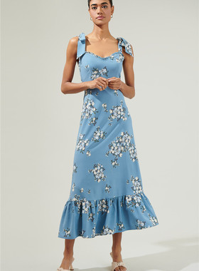 美国小众ins度假ref风印花系带蝴蝶结肩带拼接荷叶下摆连衣裙