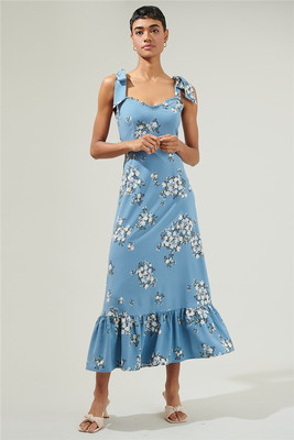 美国小众ins度假ref风印花系带蝴蝶结肩带拼接荷叶下摆连衣裙