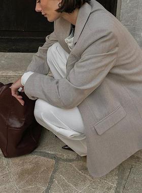 美国小众时尚ins老钱风hic复古宽松挺阔简约2扣西服外套杂灰白色