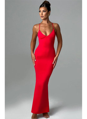 欧美澳ins辣妹度假女神礼服v领吊带高腰交叉露背褶皱炸臀连衣裙红