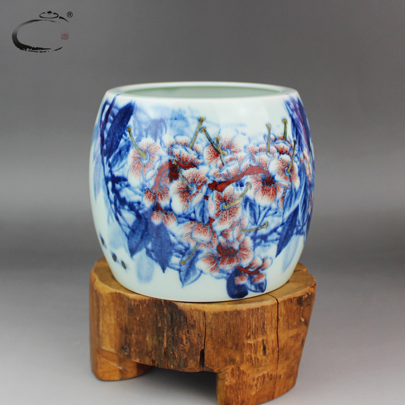 京德贵和祥青花红冠耀日笔筒珍藏陶瓷工艺笔筒装饰景德镇手工摆件