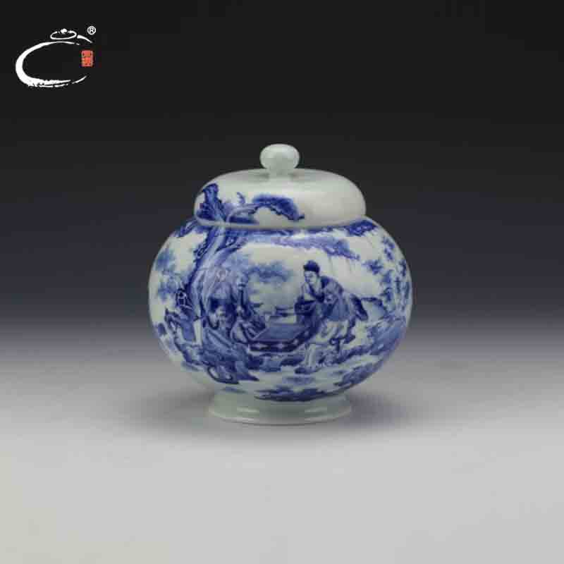 京德贵和祥青花松筠棋茗图罐 景德镇大师手绘陶瓷醒茶罐茶叶包装