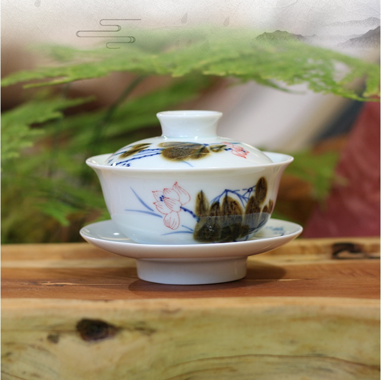景德镇盖碗正品京德贵和祥手绘荷花窑变陶瓷三才碗功夫茶高端茶碗