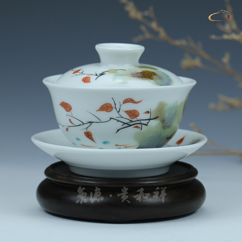 贵和祥-窑变红叶、荷花盖碗景德镇手绘陶瓷功夫三才碗