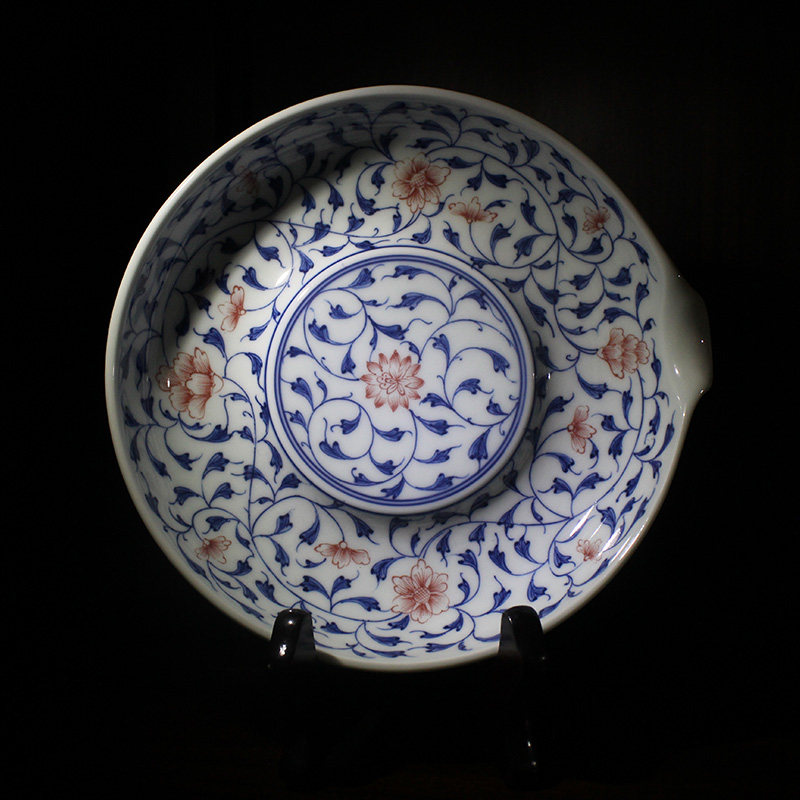 老款贵和祥手工干泡台景德镇青花釉里红缠枝莲壶承茶具配件茶盘托
