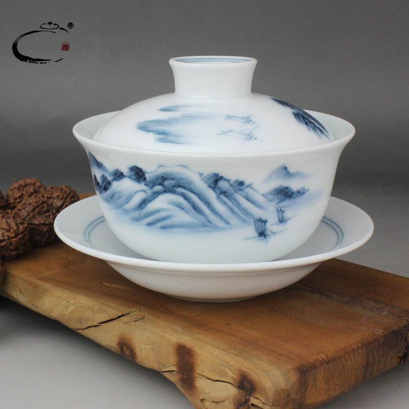 手绘青花陶瓷三才功夫茶具