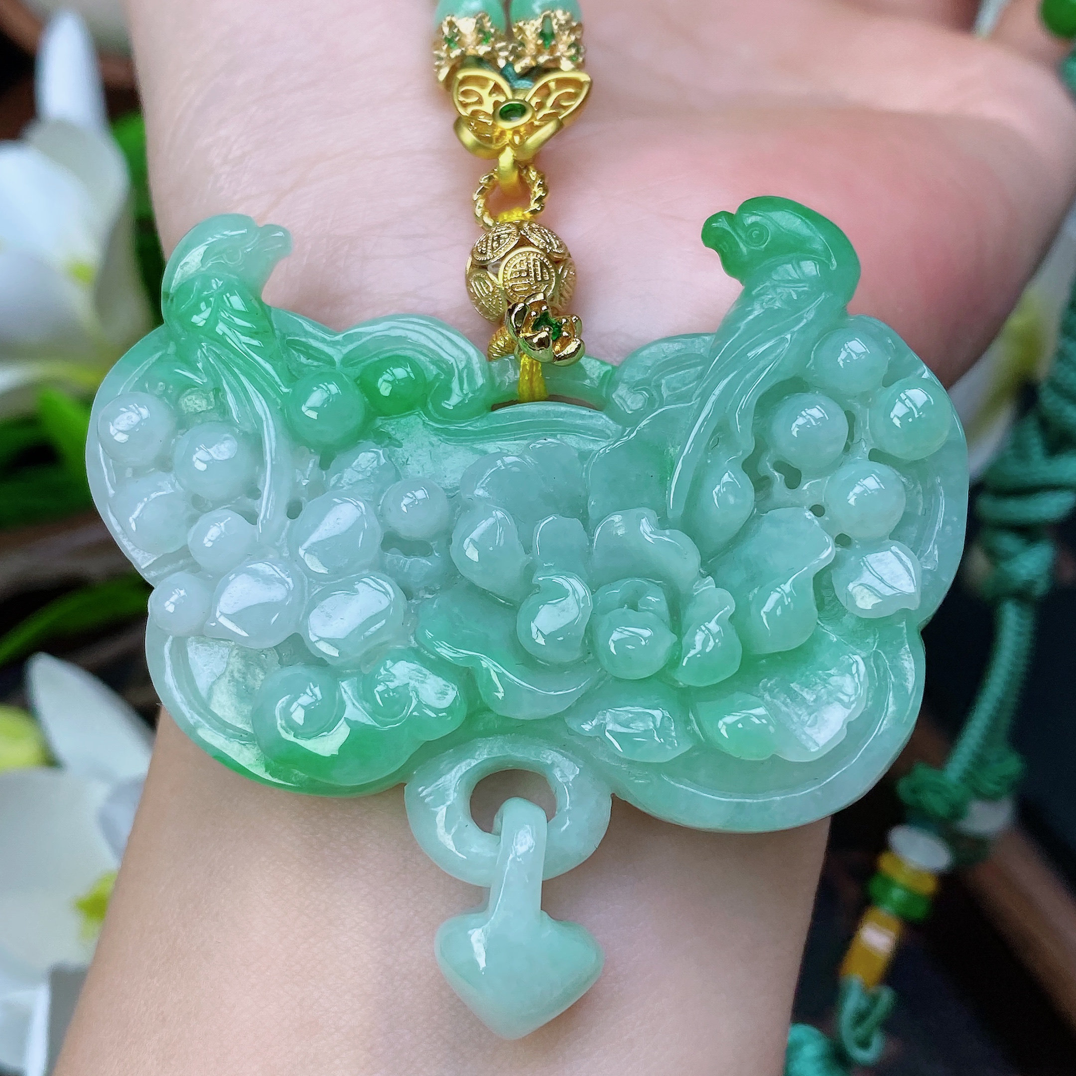 天然A货翡翠花鸟吊坠925银链冰种起胶带飘花玉质细腻通透