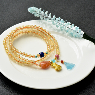 金发晶三圈手链天然水晶黄发晶多圈手串 天河石 福袋吊坠手链女