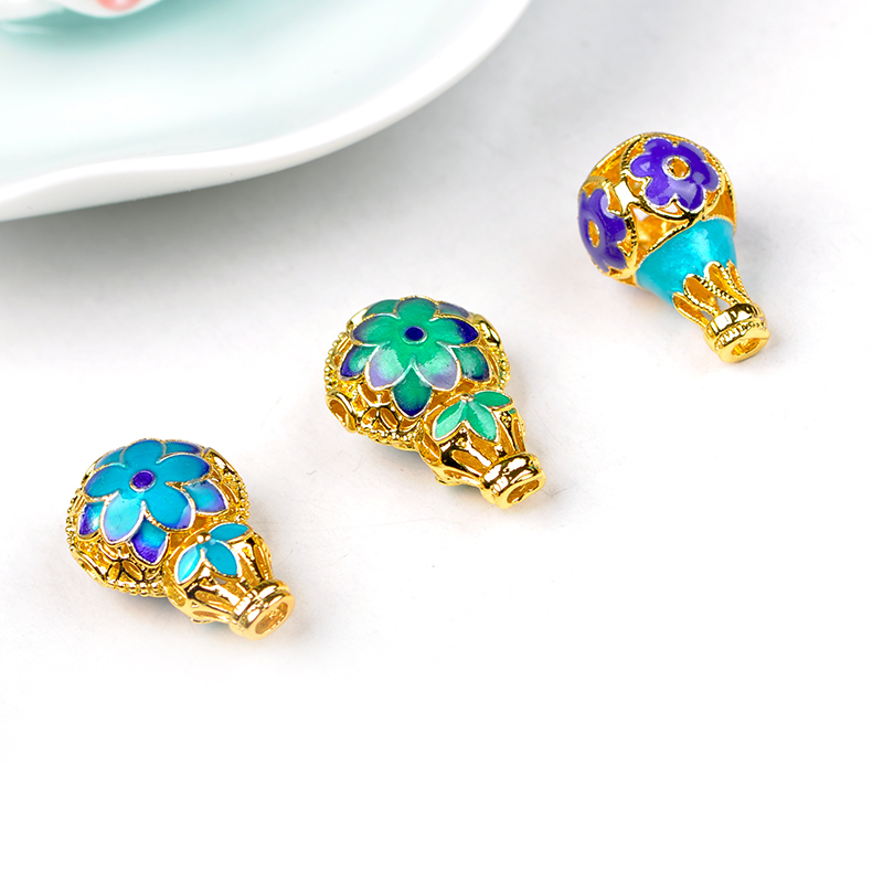 纯黄铜真空镀金景泰蓝三通佛头烧蓝配件菩提手链DIY配件古风莲花