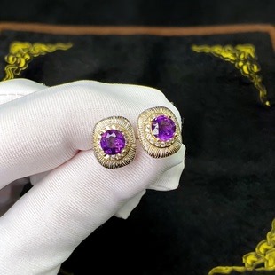 S925银纯银紫水晶耳钉女轻奢设计师款复古高级感方形气质优雅耳饰