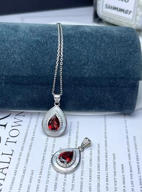 红石榴石水滴形宝石吊坠时尚锁骨链银项链女饰品小众设计红色项坠