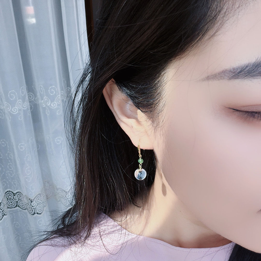 S925银黄金色彩银镶天然白水晶短款耳环女 小众设计简约耳坠耳饰