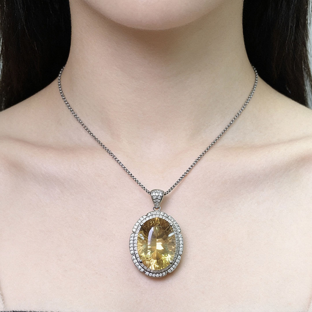 天然黄水晶吊坠s925银镶钻大克拉黄晶项链女款轻奢小众高级感礼物