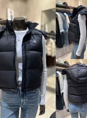 CK JEANS韩国专柜直邮 25秋女士印花鸭绒连帽羽绒背心47D500G