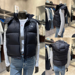 CK JEANS韩国专柜直邮 25秋女士印花鸭绒连帽羽绒背心47D500G