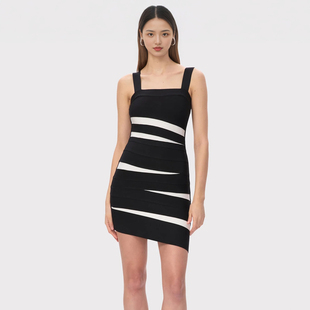 女士吊带不规则条纹连衣裙短裙绷带裙聚会小礼服晚装日常可穿