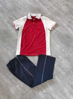 夏季红色拼接白色短袖藏青色运动休闲上衣学生校服T恤