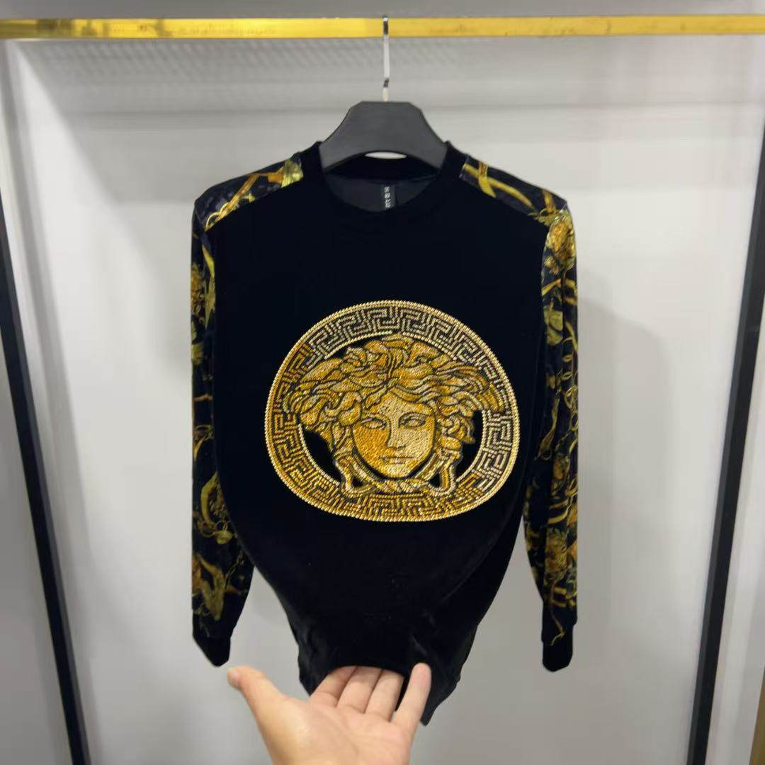 欧货轻奢烫钻金丝绒男士卫衣2025新款时尚潮牌长袖美杜莎个性上衣