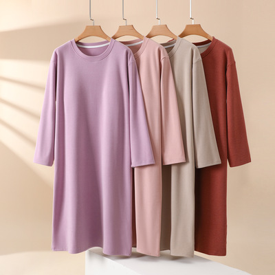 秋冬新款一体胸垫圆领长袖连衣裙磨毛加厚保暖家居裙宽松休闲睡裙