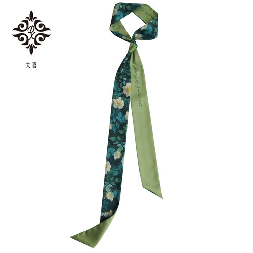 【野玫瑰】梵高油画绿色窄长丝巾