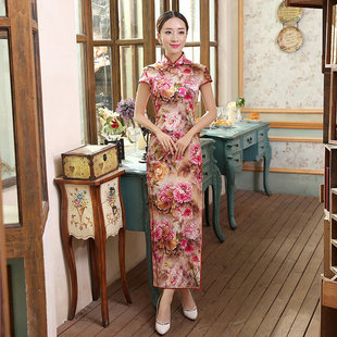 真丝复古经典 双层长旗袍CZ0010 蚕丝喷绘弹力缎修身