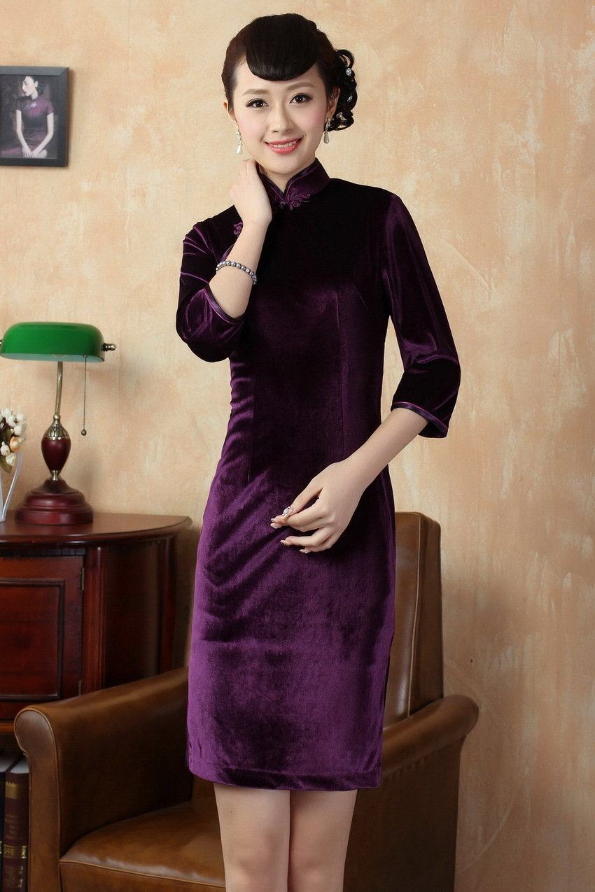 唐装旗袍td0005-b 新款纯色雍容华贵弹力金丝绒旗袍七分袖