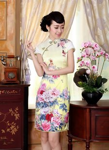 Z0020 秋色牡丹纯真丝定位喷绘弹力缎短旗袍 夏装 厂家直销新款