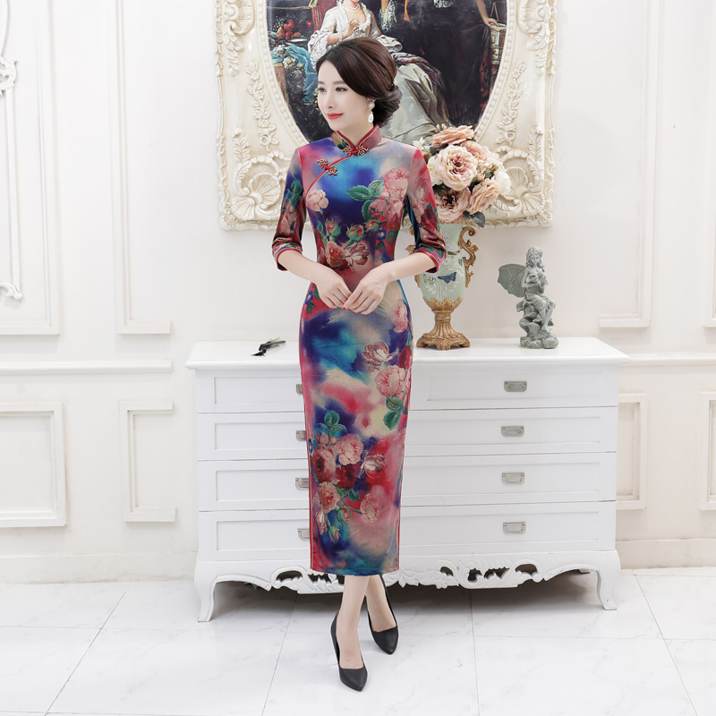 秋冬改良旗袍长款丝绒妈妈装大码女装连衣裙宴会演出服中国风