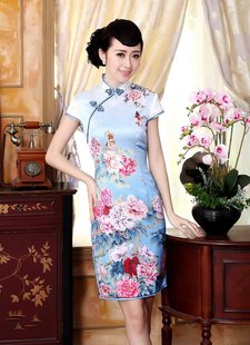 Z0020 秋色牡丹纯真丝定位喷绘弹力缎短旗袍 夏装 厂家直销新款